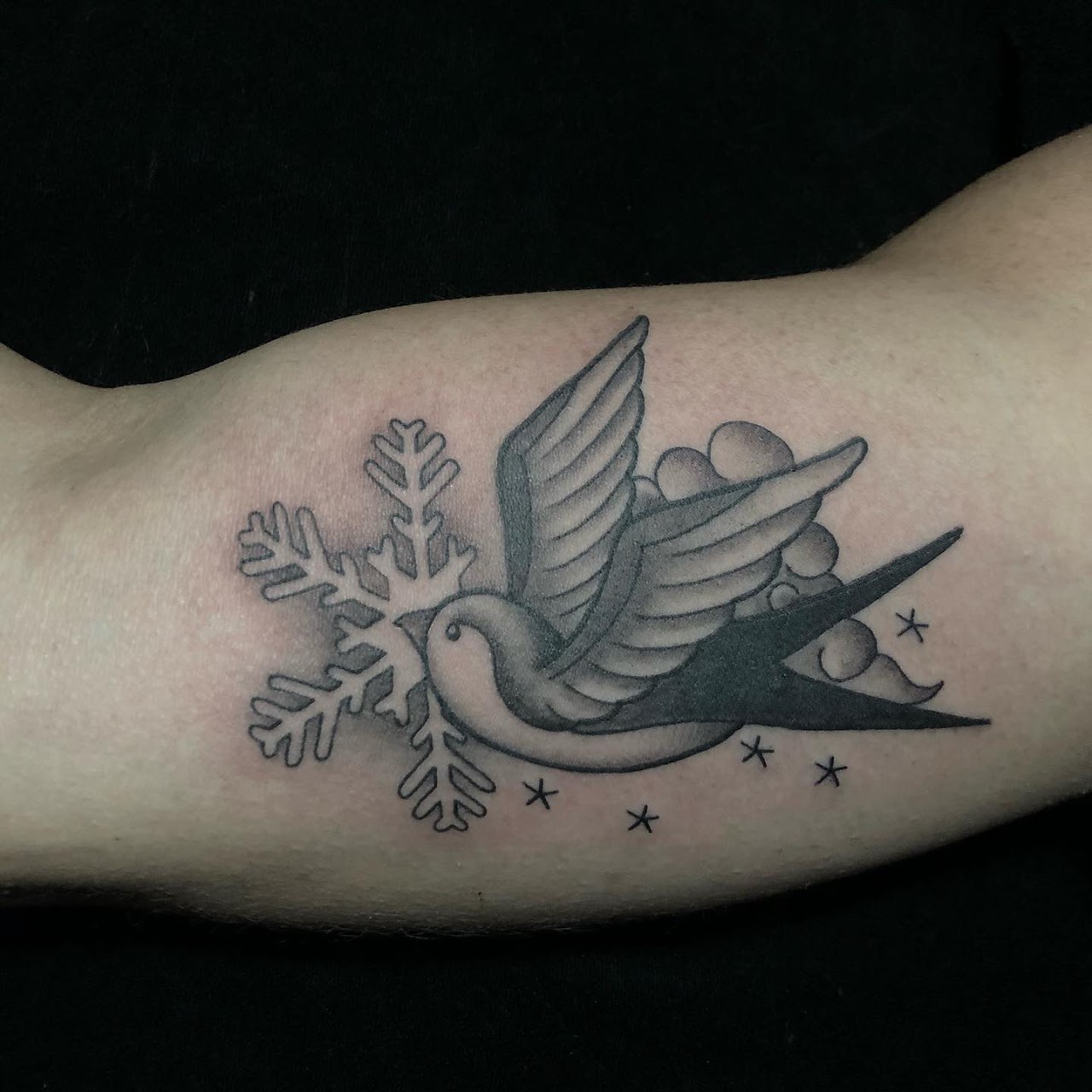 Tatuaje Golondrina tradicional con copo de nieve — CAOS Art Tattoo Chile