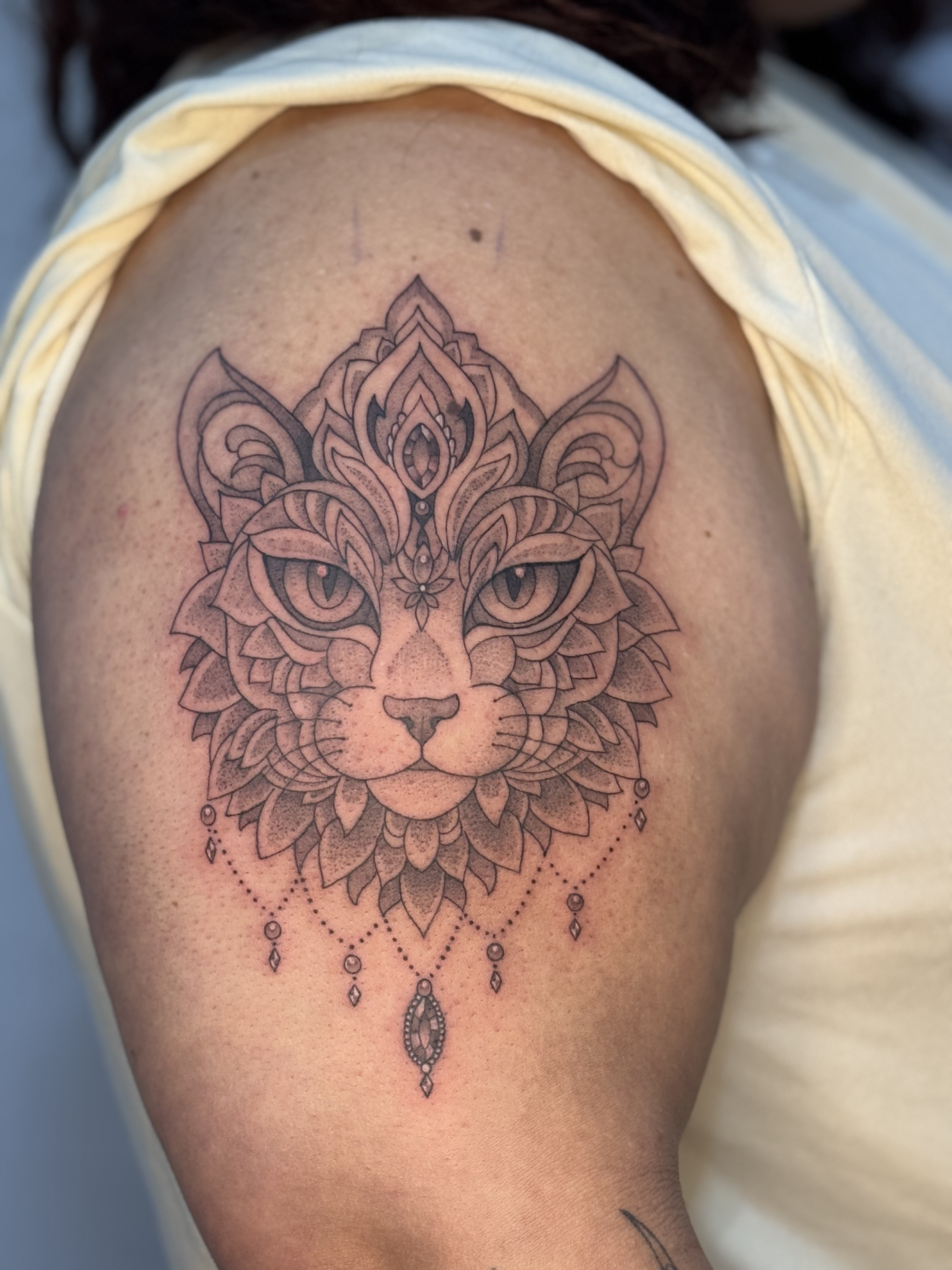 Tatuaje gato mandala geométrico lineal — Krimatt, CAOS Art Tattoo Chile