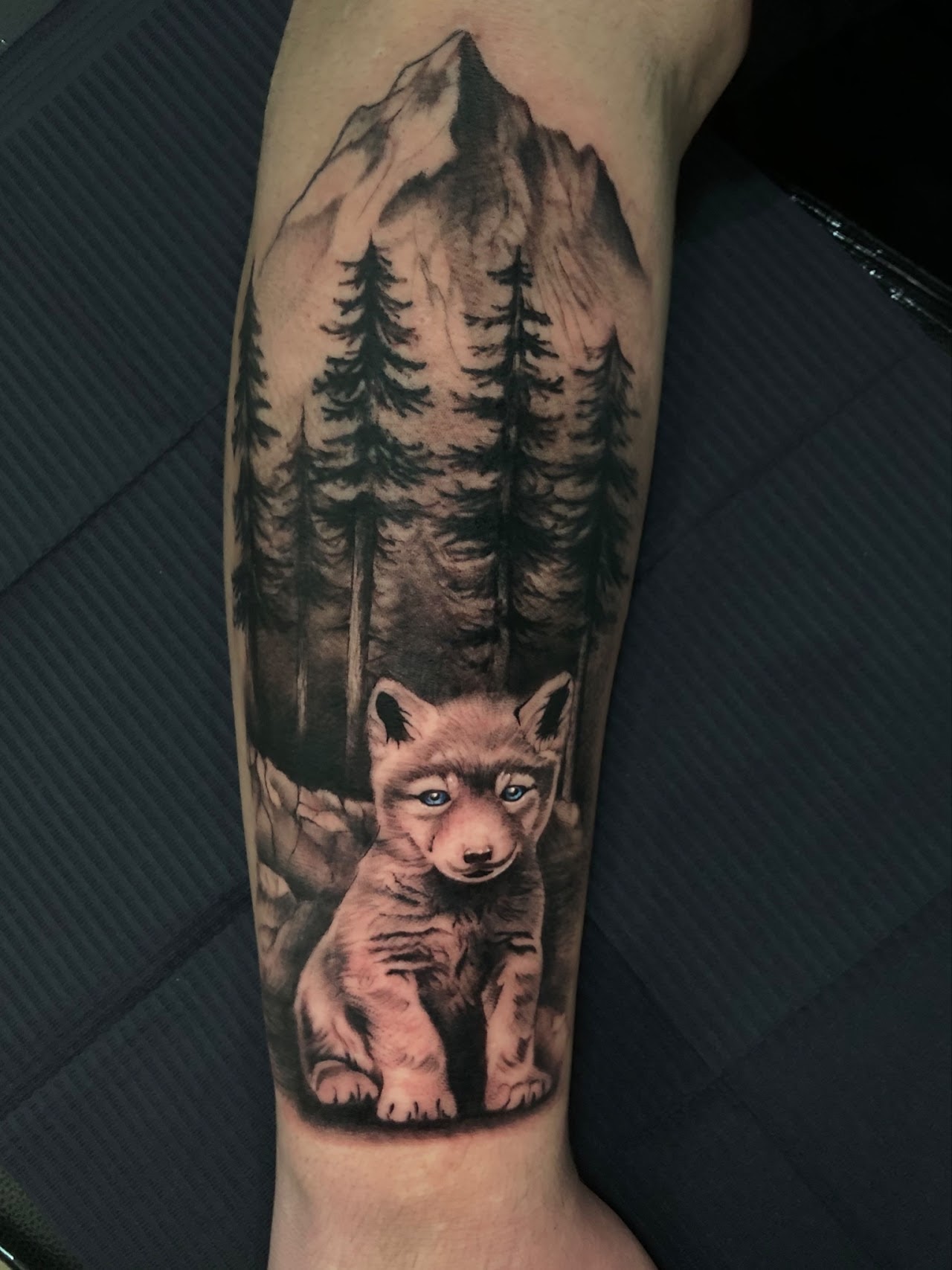 Tatuaje Cachorro de lobo con montaña y pinos realista — CAOS Art Tattoo Chile