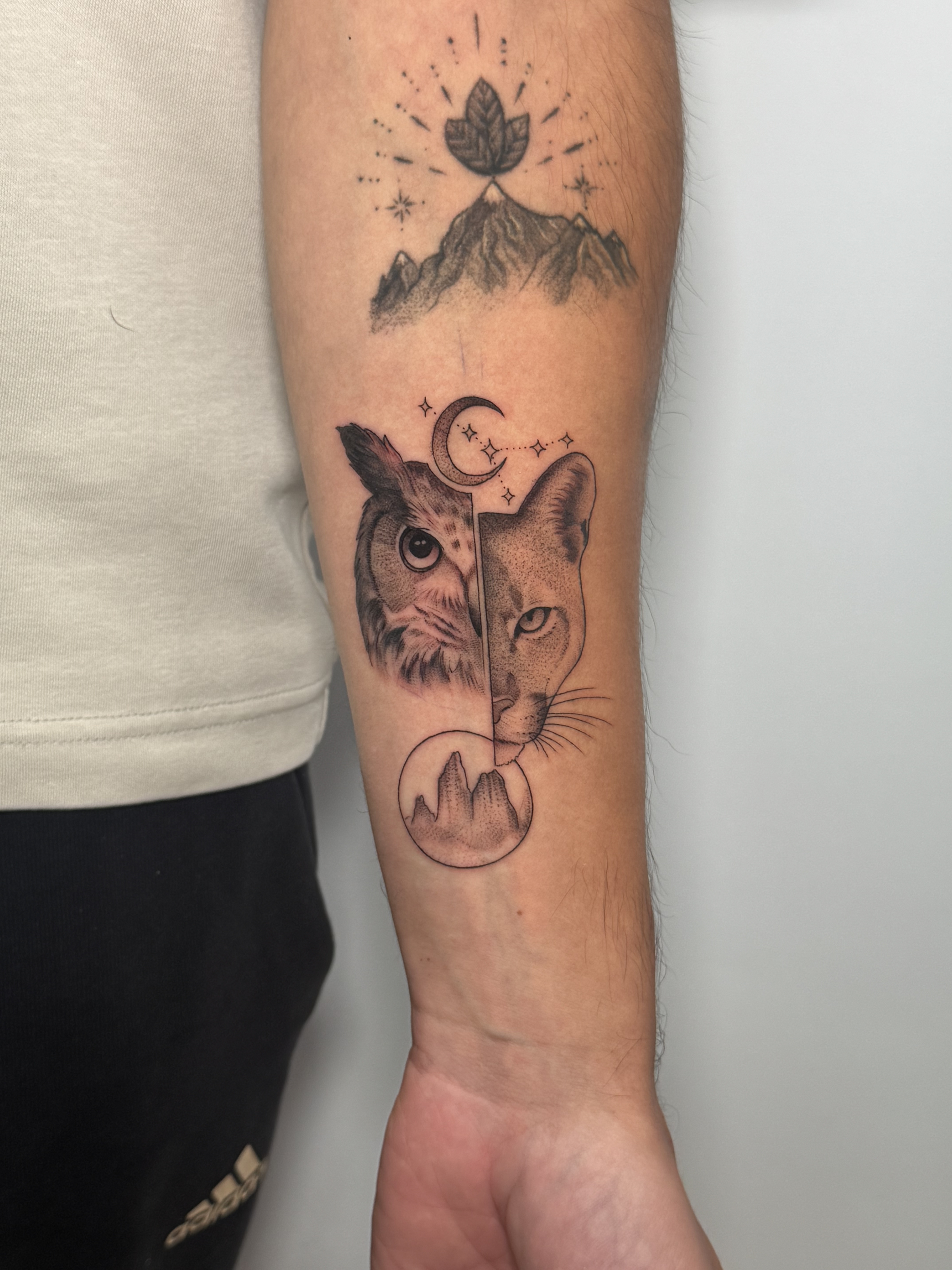 Tatuaje puma búho mitad y mitad montañas antebrazo — Krimatt, CAOS Art Tattoo Chile