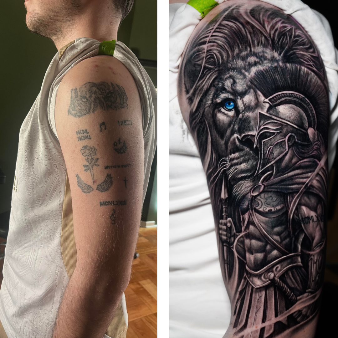 Cover-up tatuaje antiguo por león con ojos azules realismo — CAOS Art Tattoo Santiago Chile