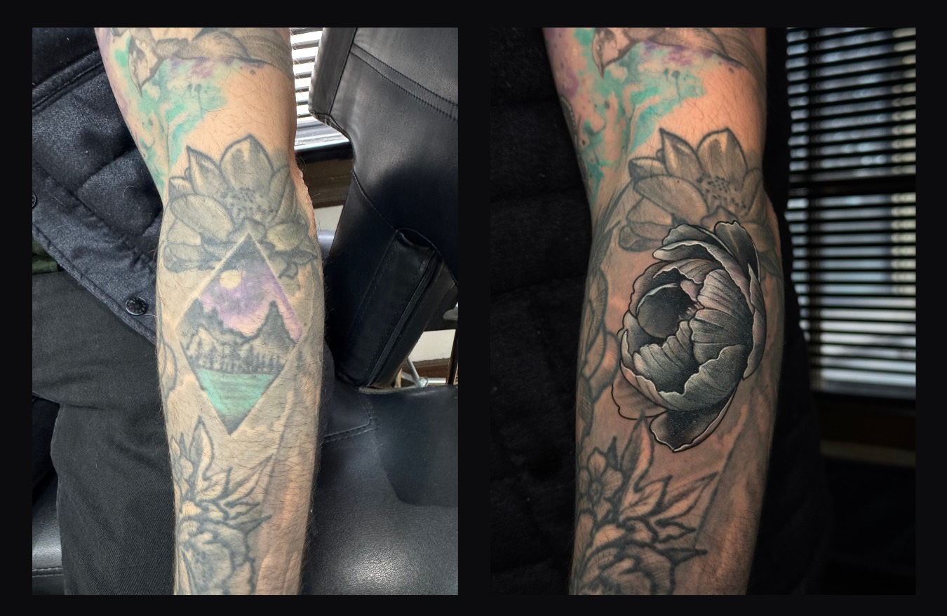 Restauración de tatuaje de cruz con alas en el hombro — antes y después — CAOS Art Tattoo Chile