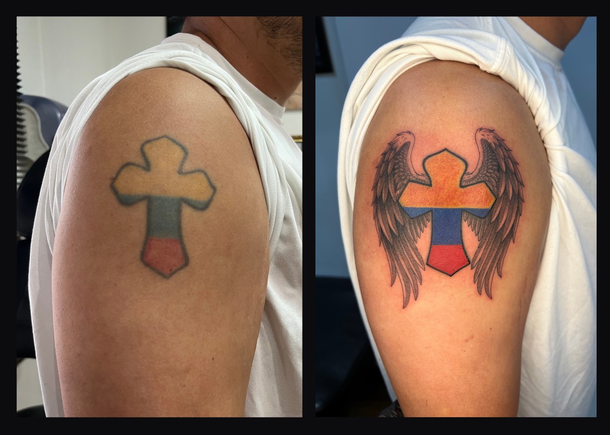 Restauración de tatuaje de flores en el antebrazo con peonía — antes y después — CAOS Art Tattoo Chile